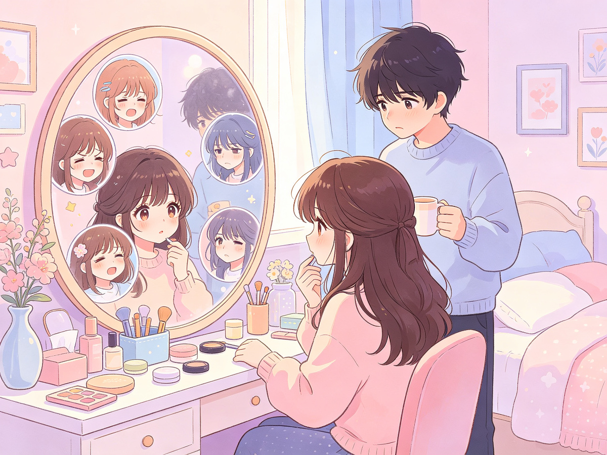 女孩对镜看到自己多种情绪，男孩在身后关心陪伴