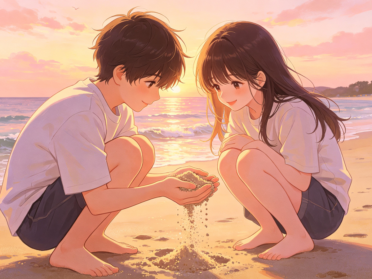 男孩在海滩捧起沙子，沙从指缝流走，女孩在旁微笑